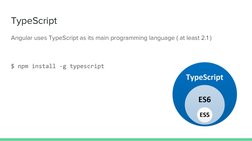 TypeScript
Angular uses TypeScript as its main programming language ( at least 2.1 )
$ npm install -g typescript
