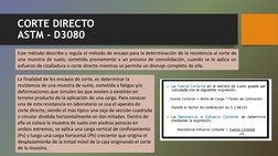 CORTE DIRECTO 
ASTM - D3080 
Este método describe y regula el método de ensayo para la determinación de la resistencia al cor
