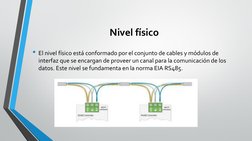 Nivel físico
• El nivel físico está conformado por el conjunto de cables y módulos de 
interfaz que se encargan de proveer un