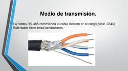 Medio de transmisión.
• La norma RS-485 recomienda el cable Beldem en el rango [9841-9844] 
Este cable tiene cinco conductore