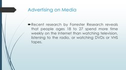 Advertising on Media
Recent research by Forrester Research reveals
that people ages 18 to 27 spend more time
weekly on the I