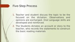 Five-Step Process
1. Teacher and student discuss the topic to be the 
focused on the dictation. Observations and 
opinions ar