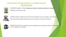 EVOLUCION EN RELACION A LA VISION SALUD 
ENFERMEDAD )”Cuando se enferma el alma se enferma el cuerpo
HIPOCRATES (460ac -370ac