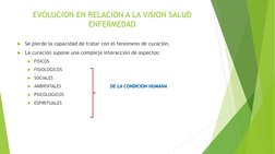 EVOLUCION EN RELACION A LA VISION SALUD 
ENFERMEDAD DE LA CONDICION HUMANA 
Se pierde la capacidad de tratar con el fenómeno