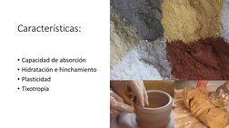 Características:
• Capacidad de absorción
• Hidratación e hinchamiento
• Plasticidad
• Tixotropía
