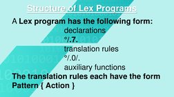 Structure of Lex Programs
A Lex program has the following form:
declarations
°/.7.
translation rules
°/.0/.
auxiliary functio