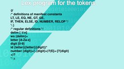 Lexprogram for the tokens
U
/* definitions of manifest constants
LT, LE, EQ, NE, GT, GE,
IF, THEN, ELSE, ID, NUMBER, RELOP */