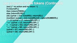 Lexprogram for the tokens (Continued)
{ws} {/* no action and no return */}
if {return(IF);}
then {return(THEN);}
else {return