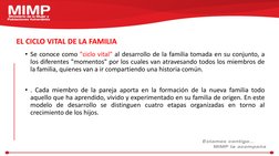 EL CICLO VITAL DE LA FAMILIA 
• Se conoce como "ciclo vital" al desarrollo de la familia tomada en su conjunto, a
los diferen