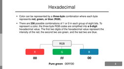 8
Hexadecimal
Color can be represented by a three-byte combination where each byte 
represents red, green, or blue (RGB). 
