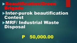 Beautification/Green 
Brigade
Inter-purok beautification 
Contest
MRF/ Industrial Waste 
Disposal
P   50,000.00
