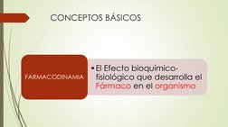 CONCEPTOS BÁSICOS 
•El Efecto bioquímico-
fisiológico que desarrolla el 
Fármaco en el organismo
FARMACODINAMIA 
