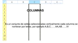COLUMNAS
Es un conjunto de celdas seleccionadas verticalmente cada columna se 
nombran por letras, por ejemplo A,B,C……AA,AB……