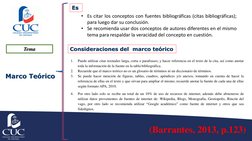 Tema 
Marco Teórico
Es 
(Barrantes, 2013, p.123)
• Es citar los conceptos con fuentes bibliográficas (citas bibliográficas);