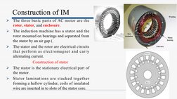 Construction of IM
Ø
The three basic parts of AC motor are the 
rotor, stator, and enclosure.
Ø
The induction machine has a s