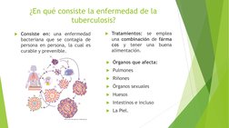 ¿En qué consiste la enfermedad de la 
tuberculosis?
Consiste en: una enfermedad
bacteriana que se contagia de
persona en per