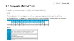 3.2 Composite Material Types
The following are most commonly used orthotropic material types in OptiStruct:
MAT8
• This is