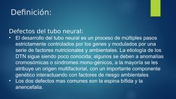 Definición:
Defectos del tubo neural:
•
El desarrollo del tubo neural es un proceso de múltiples pasos 
estrictamente control