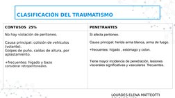 CLASIFICACIÓN DEL TRAUMATISMO
CONTUSOS  25%
PENETRANTES 
No hay violación de peritoneo. 
Causa principal: colisión de vehícul
