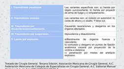 I. Traumatismo penetrante. 
Las variantes específicas son: a) herida por 
objeto punzocortante; b) herida por proyectil 
de a