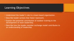 Learning Objectives
• Understand the leader’s role in a team-based organization.
• Describe leader actions that foster teamwo