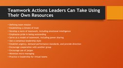 Teamwork Actions Leaders Can Take Using 
Their Own Resources
• Defining team mission
• Establishing a climate of trust
• Deve
