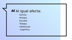 “Al igual afecta:
▫
Familia.
▫
Amigos.
▫
Escuela.
▫
Trabajo. 
▫
Intelectual. 
▫
 Cognitivo. 
10
