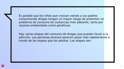 6
▫
Es posible que los niños que crezcan viendo a sus padres 
consumiendo drogas tengan un mayor riesgo de presentar un 
prob