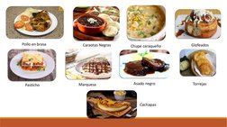 Pollo en brasa
Caraotas Negras
Chupe caraqueño
Glofeados
Pasticho
Marquesa
Asado negro
Torrejas
Cachapas
