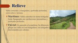 Relieve
Valles estrechos y triangulares, quebradas profundas, 
cerros altos y terrazas.
Marítimo: Valles estrechos en forma