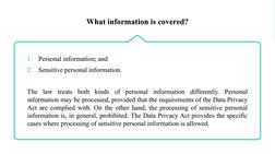 What information is covered?
What information is covered?
1.
Personal information; and
2.
Sensitive personal information.
The