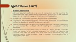 Types of Payment(Cont’d)
1) Advance payment
Advance payment defined as a sum of money lent by the client to the
contractor i