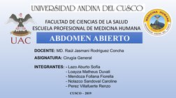 FACULTAD DE CIENCIAS DE LA SALUD
ESCUELA PROFESIONAL DE MEDICINA HUMANA
ABDOMEN ABIERTO
ABDOMEN ABIERTO
DOCENTE: MD. Raúl Jas