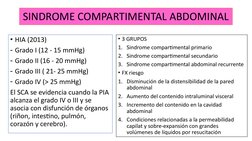 SINDROME COMPARTIMENTAL ABDOMINAL
• HIA (2013)
- Grado I (12 - 15 mmHg)
- Grado II (16 - 20 mmHg)
- Grado III ( 21- 25 mmHg)