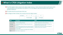 The CTOS Litigation Index is based on four digit numbers known as ‘index’ where the index for each enquiry name 
is derived b
