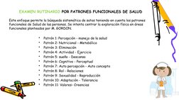 EXAMEN RUTINARIO POR PATRONES FUNCIONALES DE SALUD
•
Patrón 1: Percepción - manejo de la salud
•
Patrón 2: Nutricional - Meta