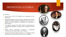 DIFERENTES AUTORES
Por otro lado …
Carlos Linneo (1707-1778) estableció una clasificación de los 
organismos; 
Alexander Hu