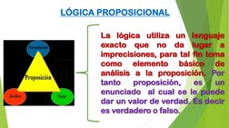 LÓGICA PROPOSICIONAL
La
lógica
utiliza
un
lenguaje
exacto
que
no
da
lugar
a
imprecisiones, para tal fin toma
como
elemento
bá