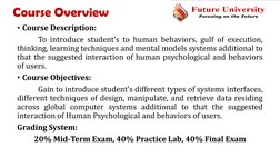 Course Overview
• Course Description:
To introduce student’s to human behaviors, gulf of execution,
thinking, learning techni