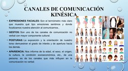 CANALES DE COMUNICACIÓN 
KINÉSICA
• EXPRESIONES FACIALES: Son el termómetro más claro 
que muestra qué tipo emociones sentimo