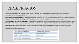 Existen múltiples maneras de clasificar al dolor siendo la de mayor valor la basada en un criterio clínico y en la organizaci