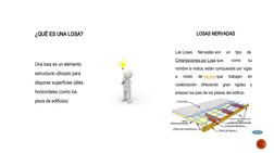 ¿QUÉ ES UNA LOSA?
 
LOSAS NERVADAS
 
Una losa es un elemento 
estructural utilizado para 
disponer superficies útiles 
horizo