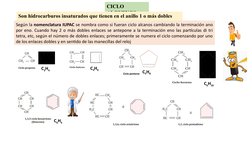 CICLO  
ALQUENOS 
Son hidrocarburos insaturados que tienen en el anillo 1 o más dobles 
enlaces. 
Según la nomenclatura IUPAC