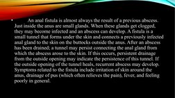 •
An anal fistula is almost always the result of a previous abscess. 
Just inside the anus are small glands. When these gland
