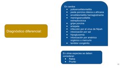 10
Diagnóstico diferencial: 
En cerdos 
●
polioencefalomielitis 
●
peste porcina clásica o africana
●
encefalomielitis hemagl