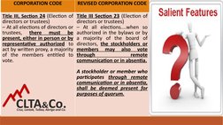 CORPORATION CODE
REVISED CORPORATION CODE
Title III, Section 24 (Election of 
directors or trustees)
– At all elections of di