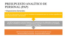 PRESUPUESTO ANALÍTICO DE 
PERSONAL (PAP)
• Disposiciones Generales:
- Del Personal Empleado Nombrado - Del Personal Empleado