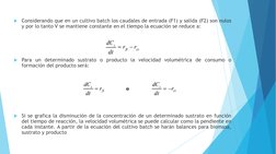 Considerando que en un cultivo batch los caudales de entrada (F1) y salida (F2) son nulos
y por lo tanto V se mantiene const