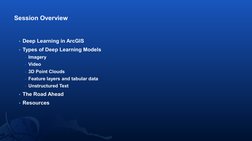 • Deep Learning in ArcGIS
• Types of Deep Learning Models
- Imagery
- Video
- 3D Point Clouds
- Feature layers and tabular da