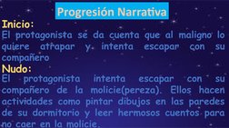 Progresión Narrativa
Inicio:
El protagonista se da cuenta que al maligno lo 
quiere atrapar y intenta escapar con su 
compañe